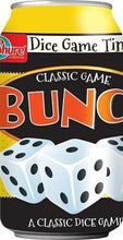 Load image into Gallery viewer, Pig, Yatzy, Liars Dice, Snake eyes, and Bunce Traveling tin can dice games for family game night or airport fun for layovers