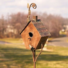 Load image into Gallery viewer, Copper vintage birdhouse sherry | 69&quot; tall | attached post stake outdoor garden art bird house | bird lover&#39;s gift