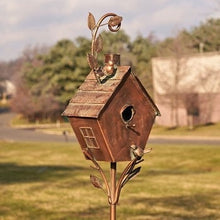 Load image into Gallery viewer, Copper vintage birdhouse sherry | 69&quot; tall | attached post stake outdoor garden art bird house | bird lover&#39;s gift