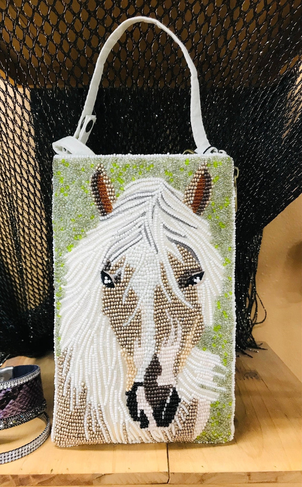 White Horse Hand Beaded Fashion Cell Phone Bag Purse Crossbody