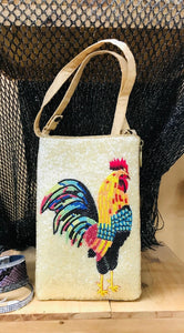 Hand beaded club bag  | tan with handsome colorful rooster | fashion handbag | cross body | wristlet