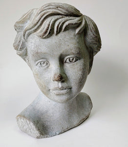 Weathered Cast Cement Young Boy Child Bust 7 inches Indoor / Outdoor Head Plant Pot