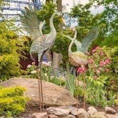 Stunning coastal green and gray iron herons metal statues | set of 2 l garden art decor sculptures  bird lover's gift