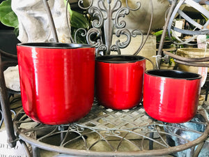 Small Rounded Modern Style Ceramic Planter Red with Black Edge and Interior