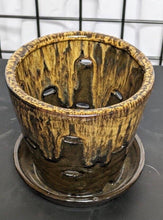 Load image into Gallery viewer, orchid planter Brown Drip Cut Out Orchid Pot with Attached Saucer Hand Glazed Ceramic Orchid Lover&#39;s Gift