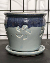 Load image into Gallery viewer, Orchid planter Blue and Light Blue Cut Out Orchid Pot with Attached Saucer Hand Glazed Ceramic Orchid Lover&#39;s Gift