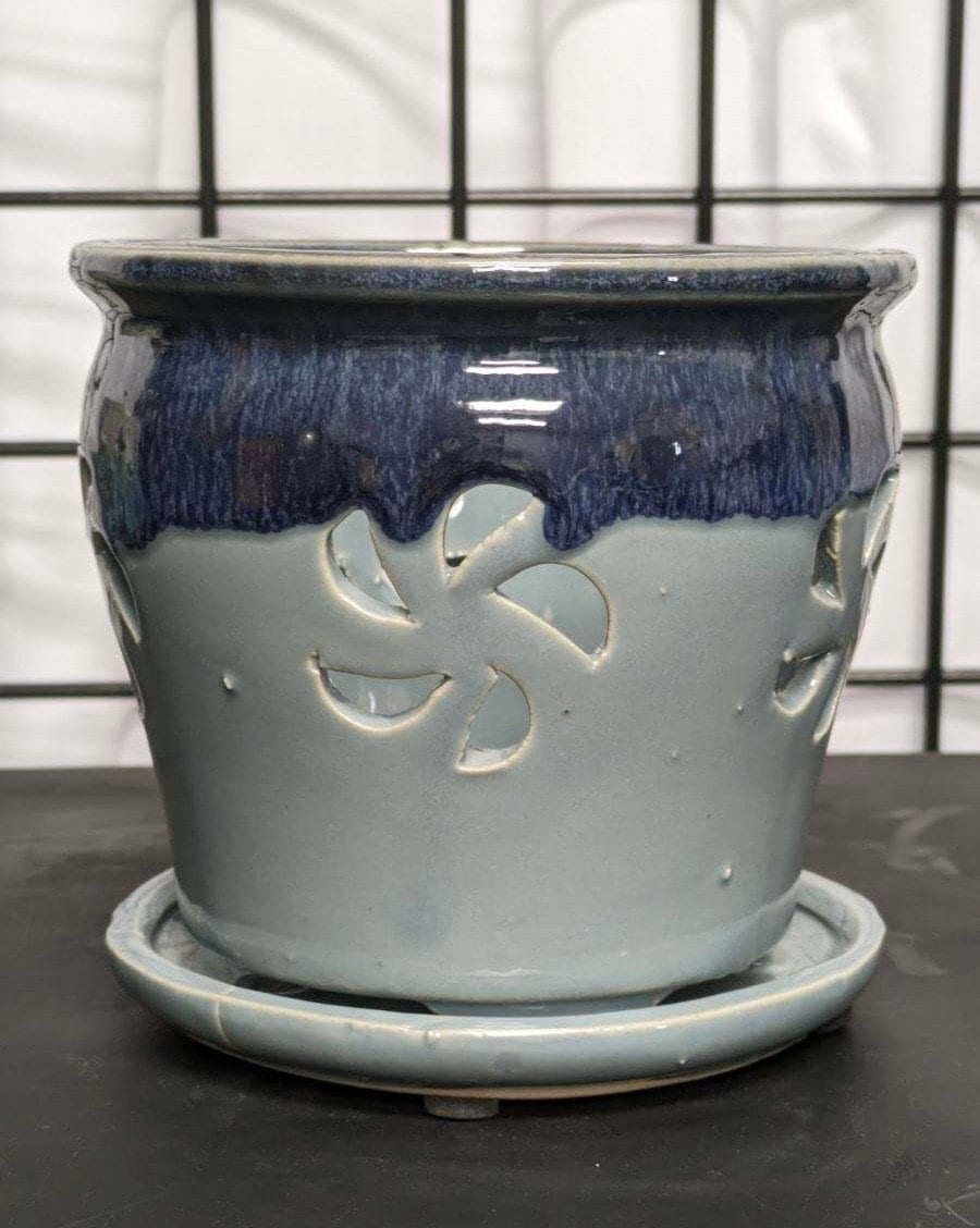 Orchid planter Blue and Light Blue Cut Out Orchid Pot with Attached Saucer Hand Glazed Ceramic Orchid Lover's Gift