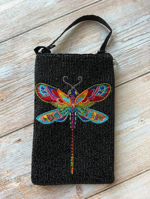 Hand beaded club bag  | stained glass on black dragonfly | fashion handbag | cross body | wristlet