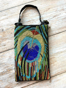 Peacock Feather  Hand Beaded Fashion Cell Phone Bag Purse Crossbody