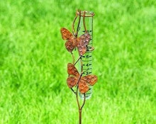 Load image into Gallery viewer, Rain gauge garden stake with flamed steel butterflies