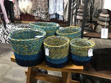 Load image into Gallery viewer, Blue &amp; yellow jute flower pot cover with attached liner