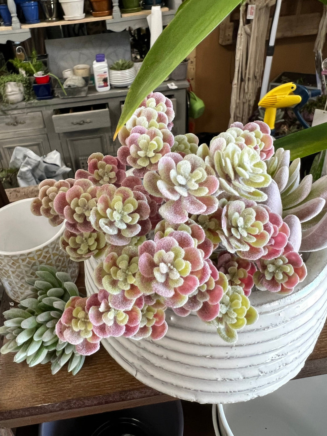 Faux succulent pick green and pink flocked | decorative succulent plant stem | hz174