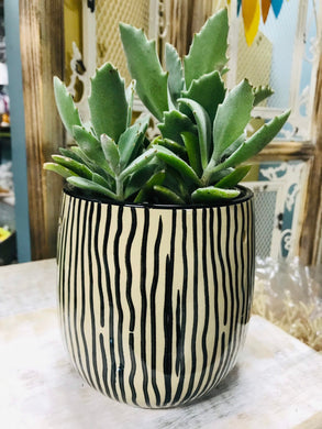 Unique 5 inch ceramic planter brown with vertical black stripes. Has pierced holes to add your own hanger. 
