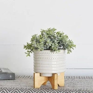 6" white ceramic glazed planter with wood stand plant lover's gift