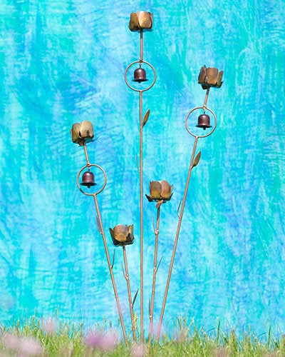 Metal garden stake with roses and bells | floral wind chime