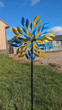 Load image into Gallery viewer, Blue and Yellow Leaf Kinetic Wind Spinner Garden Art Wind Sculpture