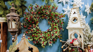 Indoor Artificial Holiday or Winter 24" Christmas Holly Wreath for your door or dining room