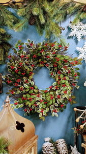 Indoor Artificial Holiday or Winter 24" Christmas Holly Wreath for your door or dining room