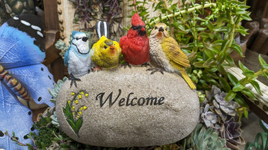 Porch Welcome Stone Rock with Bird Accents made of Quality Resin Bird Lover's Gift