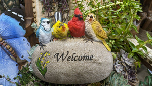 Porch Welcome Stone Rock with Bird Accents made of Quality Resin Bird Lover's Gift