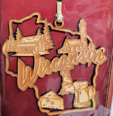 Wisconsin wood ornaments for Christmas with cows, milk and cheese