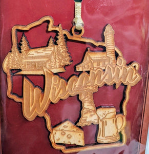 Wisconsin wood ornaments for Christmas with cows, milk and cheese