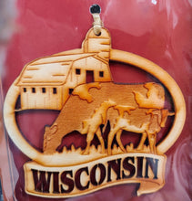 Load image into Gallery viewer, Wisconsin wood ornaments for Christmas with cows, milk and cheese