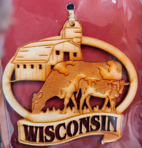 Wisconsin wood ornaments for Christmas with cows, milk and cheese