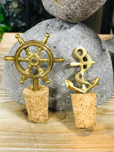 Load image into Gallery viewer, Brass bottle stopper | wine bottle cork wheel or anchor | wine lover&#39;s gift