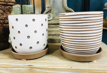 Load image into Gallery viewer, Planter pots 4&quot; tall chocolate brown with stripes or polka dots with attached saucer succulents, cactus, house plants