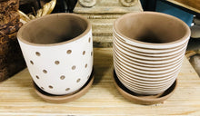 Load image into Gallery viewer, Planter pots 4&quot; tall chocolate brown with stripes or polka dots with attached saucer succulents, cactus, house plants