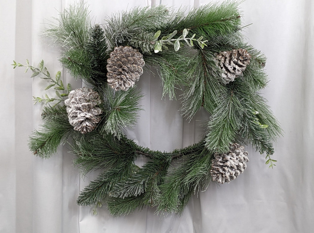 Snow Pine and Laurel Leaf Artificial Wreath Christmas Holiday Winter Indoor for Door or Wall
