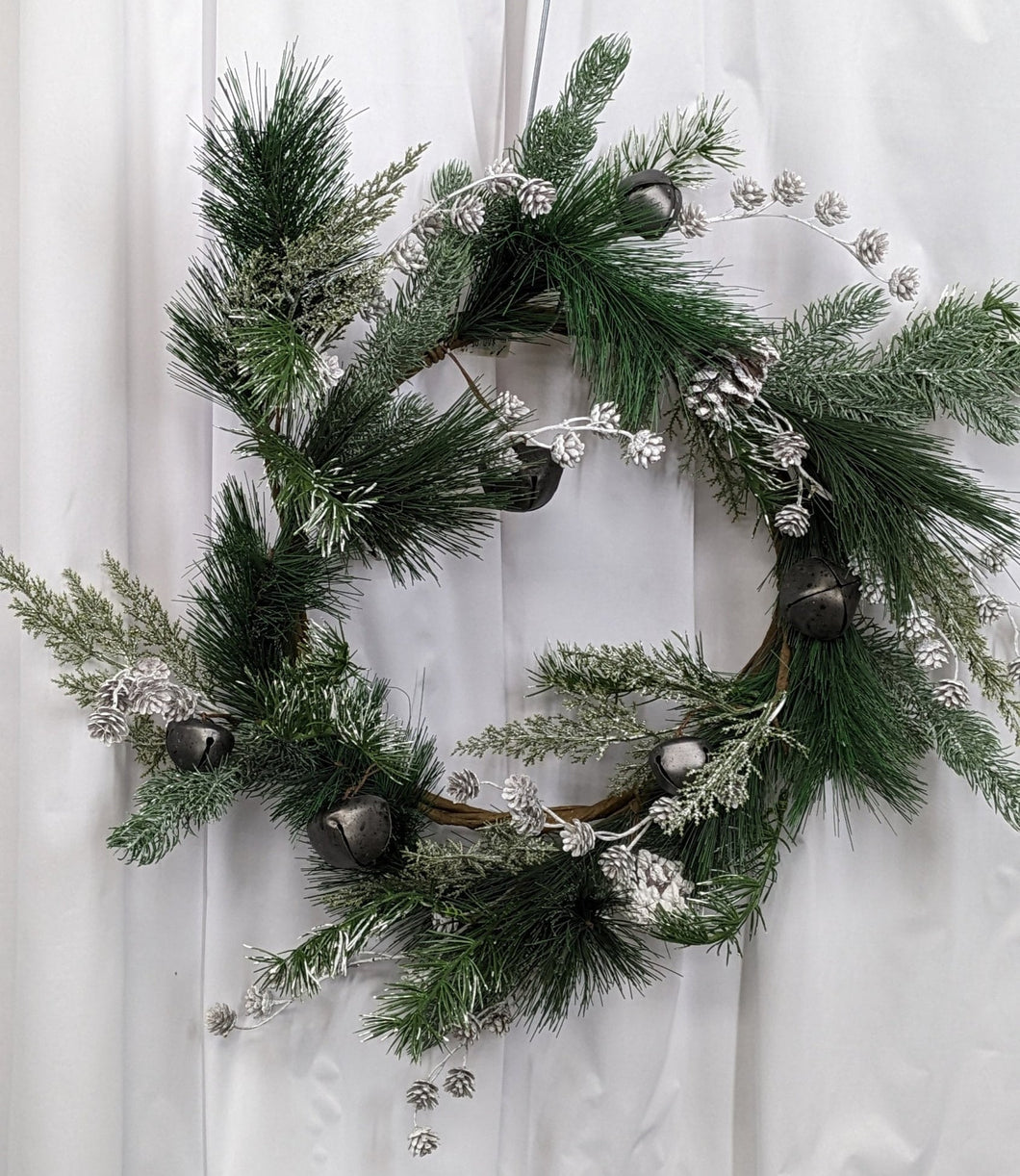 Pine with Pewter Bells Artificial Christmas Winter Holiday Wreath Indoor for Door or Wall