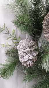 Snow Pine and Laurel Leaf Artificial Wreath Christmas Holiday Winter Indoor for Door or Wall