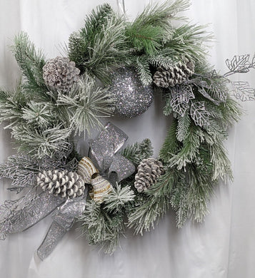 Silver Frosted Pine Wreath Christmas Holiday Winter Artificial Indoor for Wall or Door