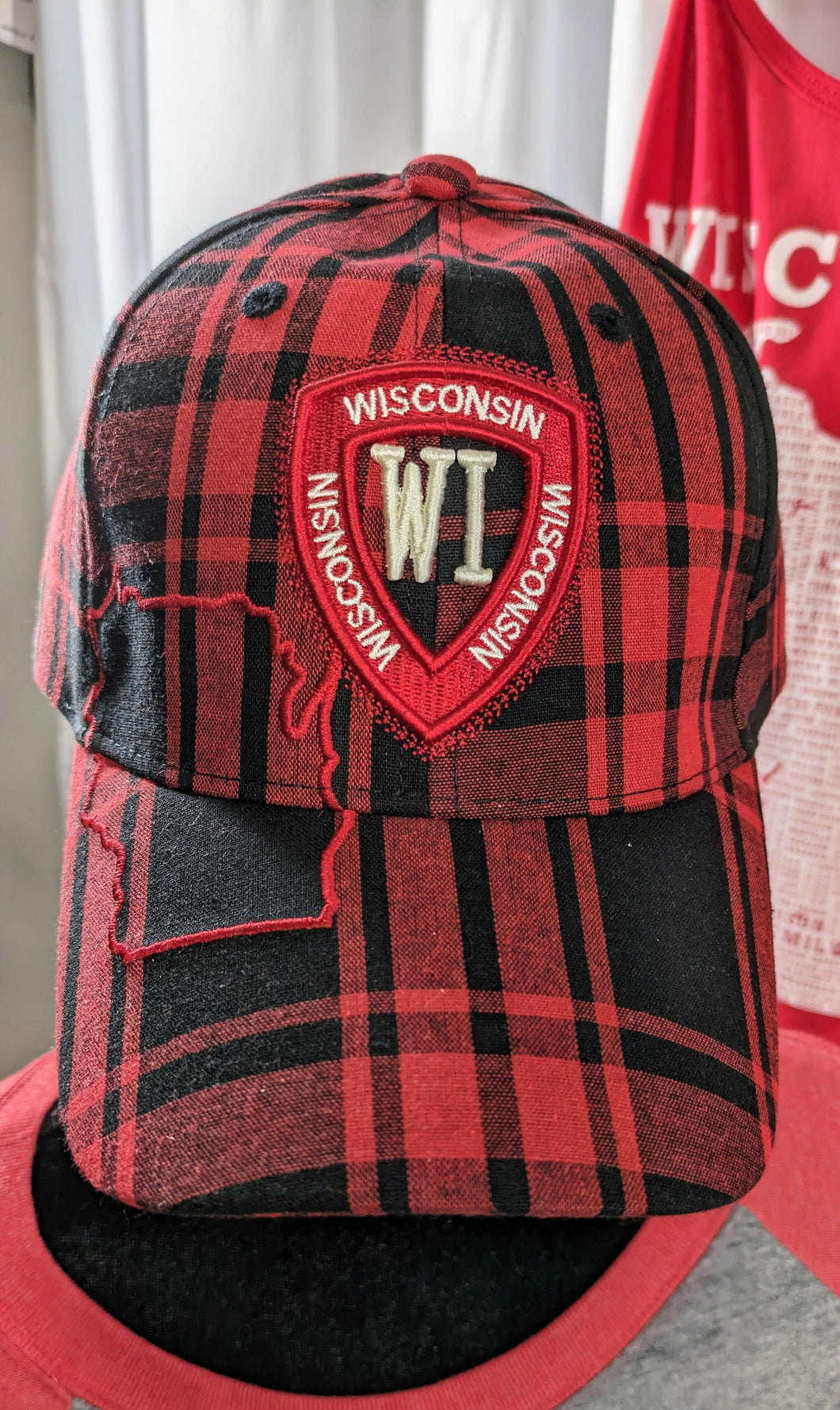 Wisconsin Badgers Original Red and Black Plaid baseball hat | robin ruth design | unisex | Jump Around