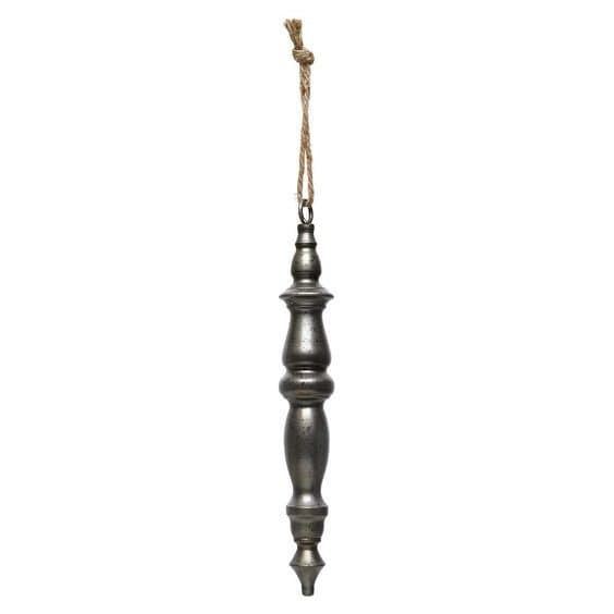 Holiday Hanging Finial Ornament  | Pewter Color Metal with Rope Hanger | Victorian Country Style Christmas Decor