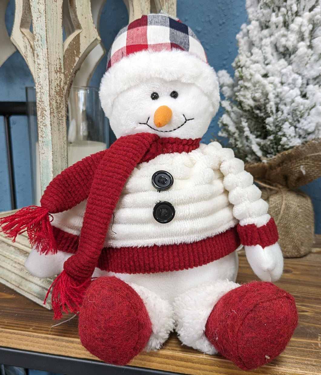Plush Snowman wearing a Plaid Hat, Furry Coat and Scarf | Christmas Holiday Decorations