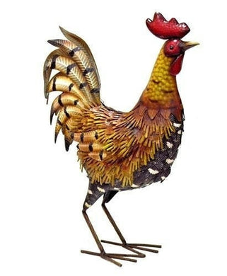 Golden rooster with white spots on the chest.  Outdoor metal chicken for your garden decor