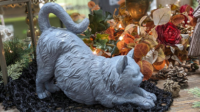 Gray Chonky Kitty Cat Stretching Pose | Quality Resin Indoor Outdoor | Kitty Cat Lover's Gift