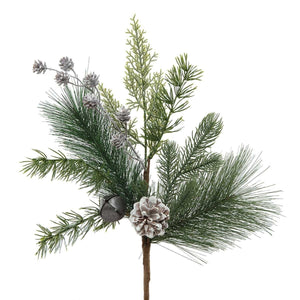 Pine and pewter bells spray pick 19" long | artificial christmas decoration
