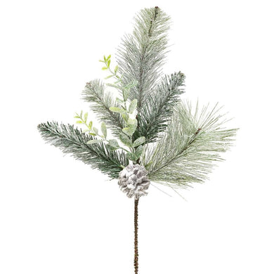 Snow pine laurel leaf sparkly spray pick 20