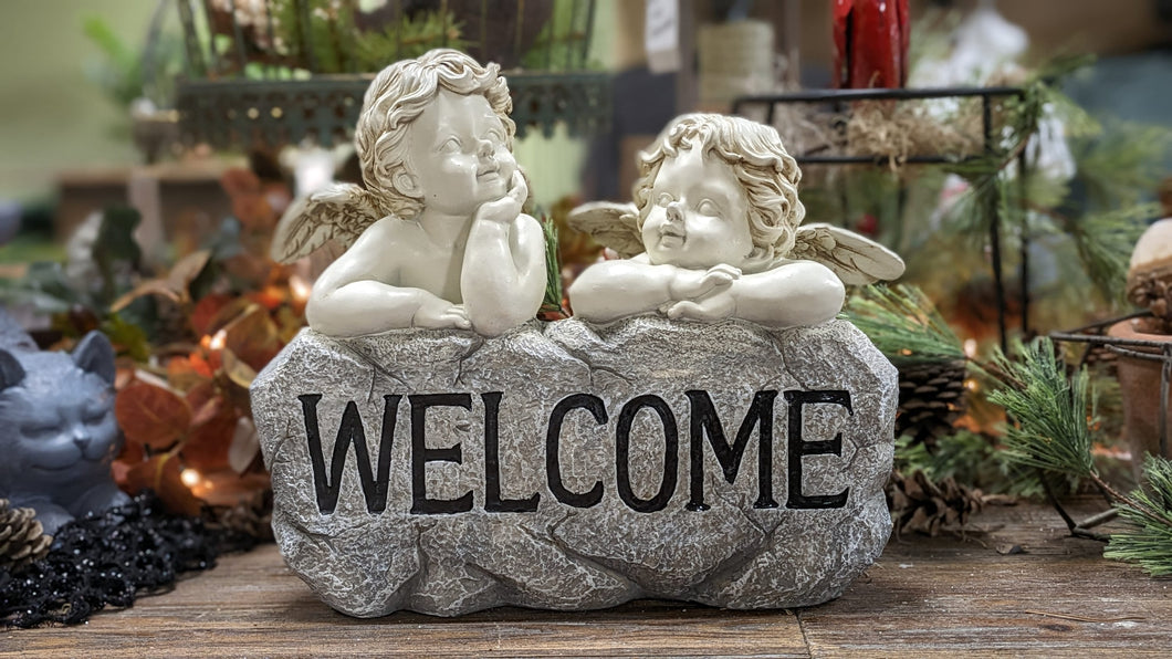 Double Cherub Welcome Stone Rock made of Quality Resin Cherub Lover's Gift