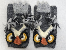 Load image into Gallery viewer, Gray owl knit fingerless mittens winter ski snowboard novelty rare  adult unisex unique gift | owl lover&#39;s gift