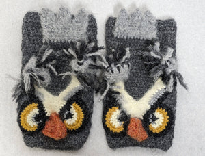 Gray owl knit fingerless mittens winter ski snowboard novelty rare  adult unisex unique gift | owl lover's gift