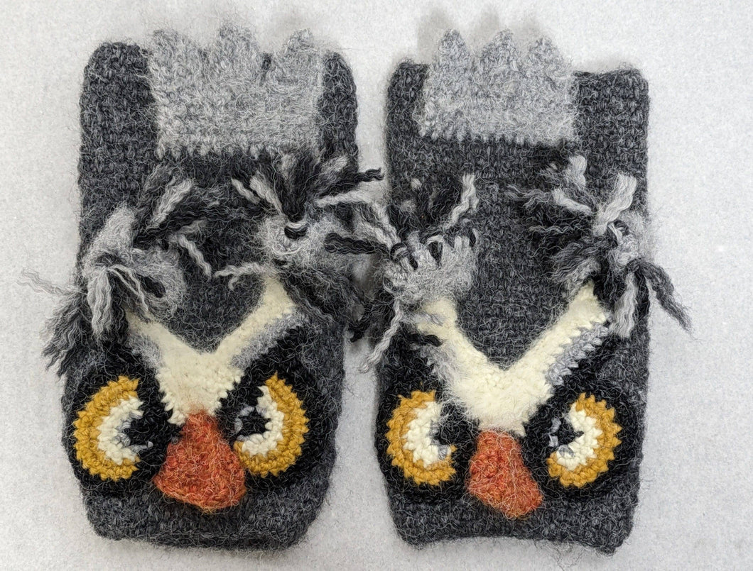 Gray owl knit fingerless mittens winter ski snowboard novelty rare  adult unisex unique gift | owl lover's gift