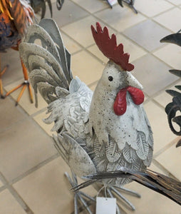 Rooster White Speckled large metal amazing details indoor outdoor