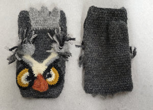Gray owl knit fingerless mittens winter ski snowboard novelty rare  adult unisex unique gift | owl lover's gift