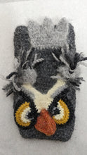 Load image into Gallery viewer, Gray owl knit fingerless mittens winter ski snowboard novelty rare  adult unisex unique gift | owl lover&#39;s gift