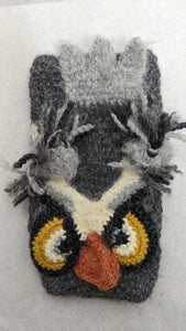 Gray owl knit fingerless mittens winter ski snowboard novelty rare  adult unisex unique gift | owl lover's gift